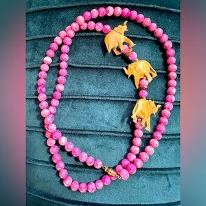 Woman’s Necklace Marbled Pink Rhodonite Beads with Carved Elephants Natural 4068